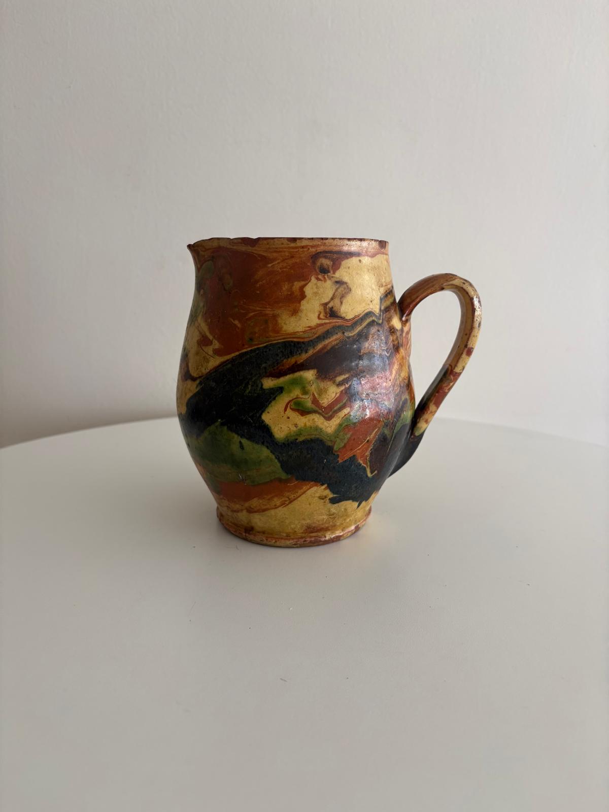 French Marbled Glazed Terracotta Pitcher, Savoyard Terre Vernissée, Attributed Fauquet - Collector & Curator