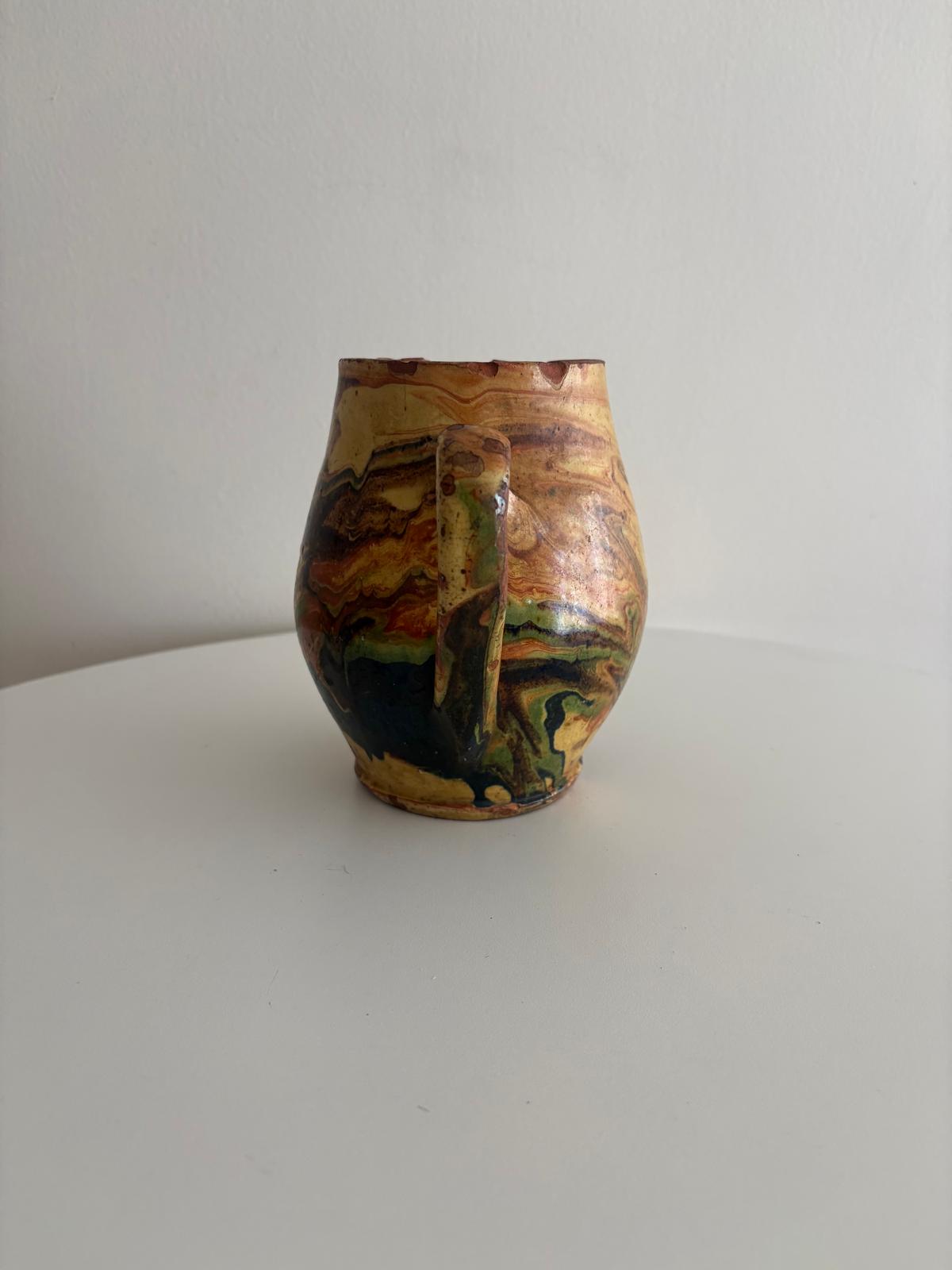 French Marbled Glazed Terracotta Pitcher, Savoyard Terre Vernissée, Attributed Fauquet - Collector & Curator