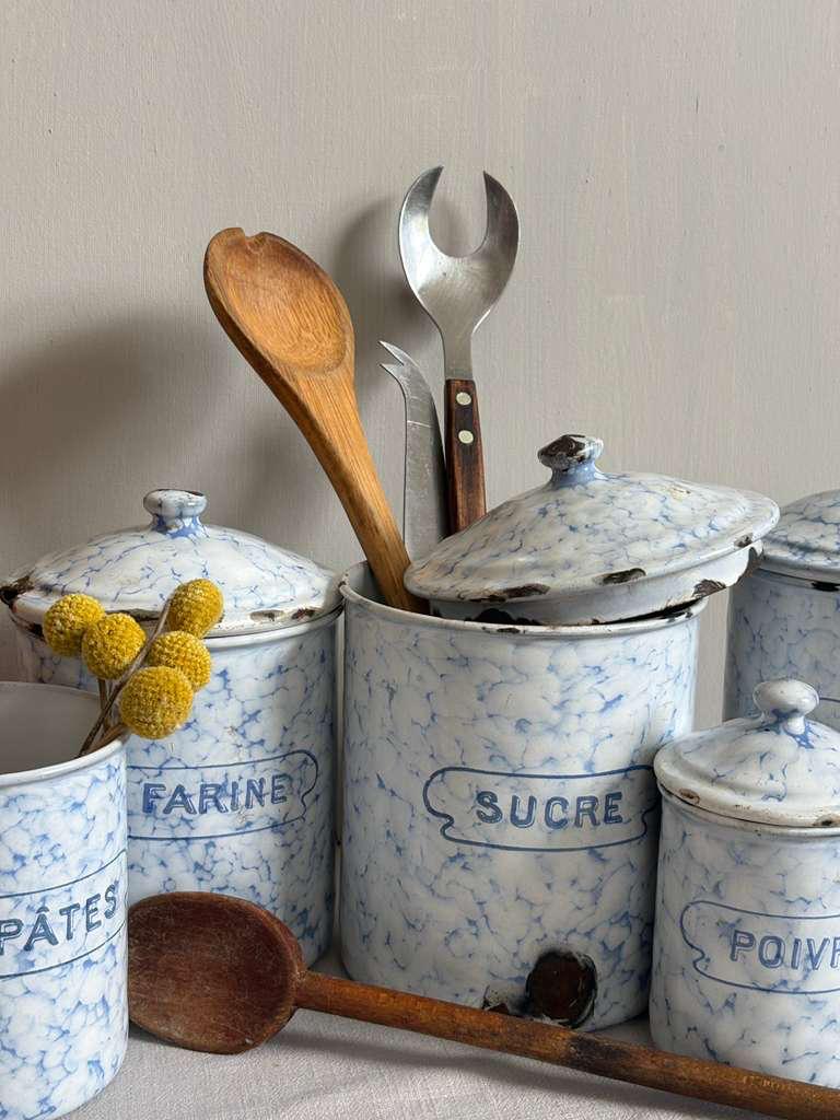 Antique French Blue Marbled Enamel Canister Set - Collector & Curator