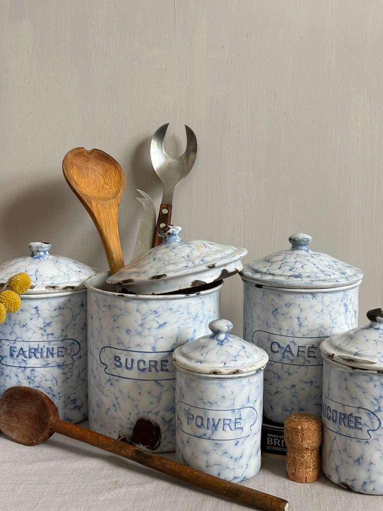 Antique French Blue Marbled Enamel Canister Set - Collector & Curator
