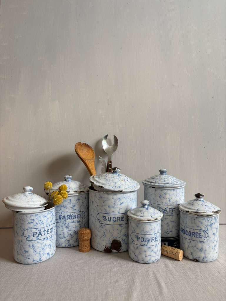 Antique French Blue Marbled Enamel Canister Set - Collector & Curator