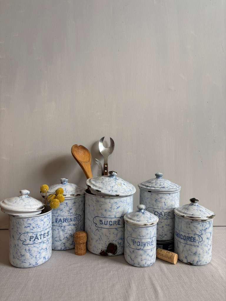 Antique French Blue Marbled Enamel Canister Set - Collector & Curator
