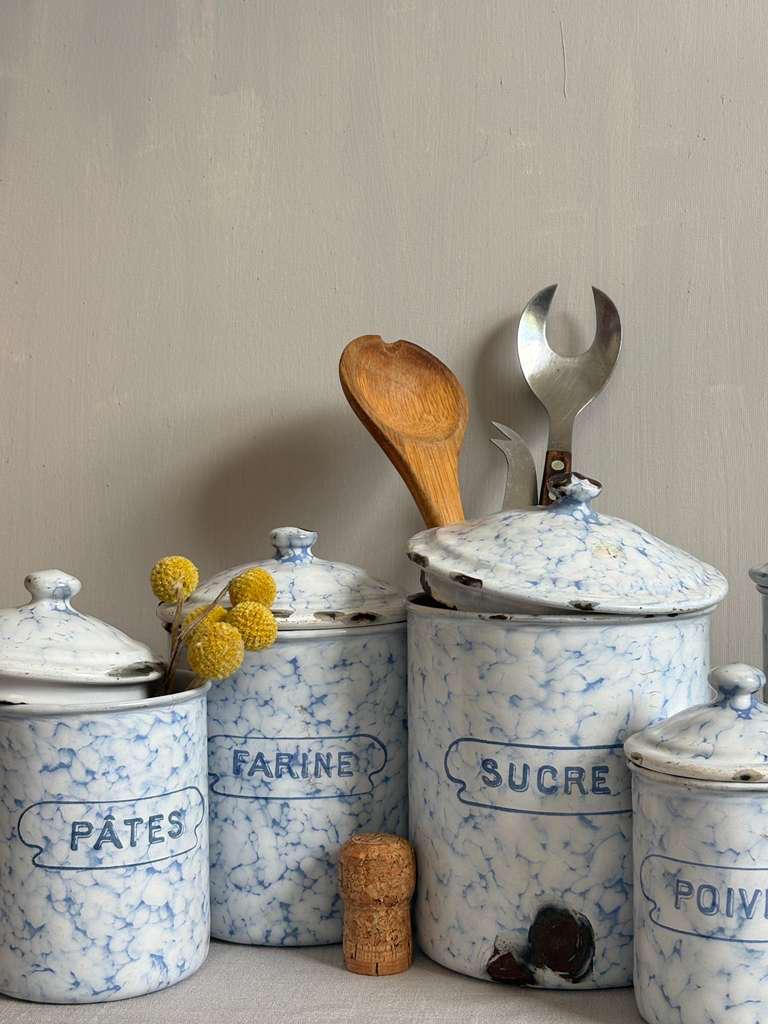 Antique French Blue Marbled Enamel Canister Set - Collector & Curator