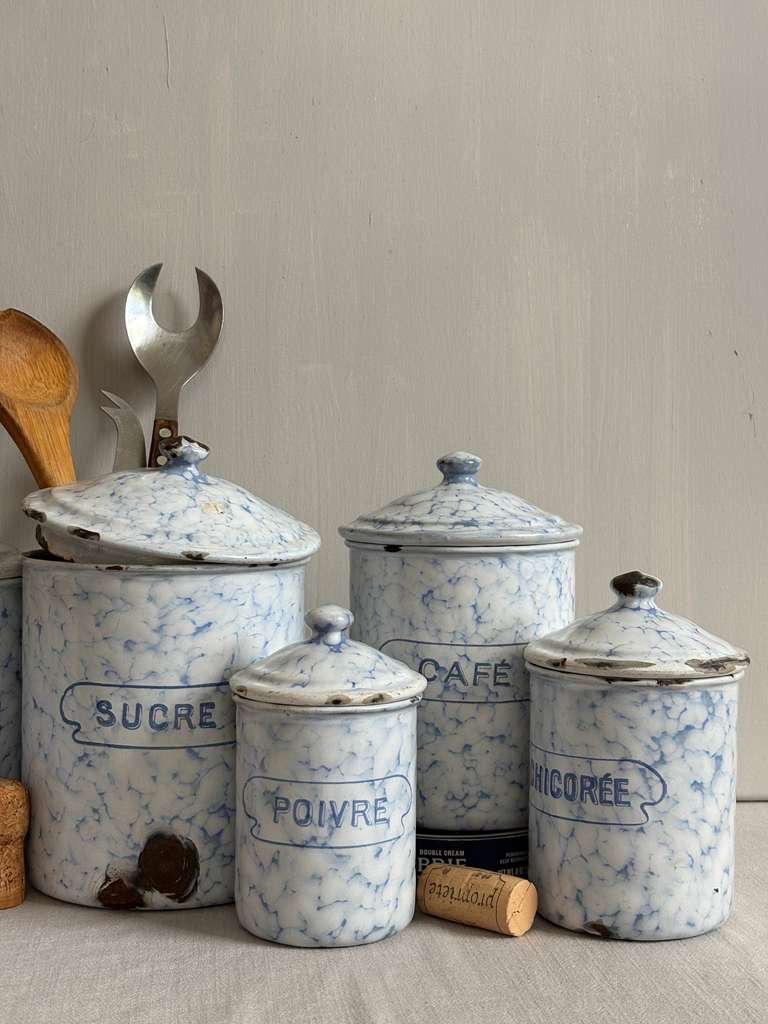 Antique French Blue Marbled Enamel Canister Set - Collector & Curator