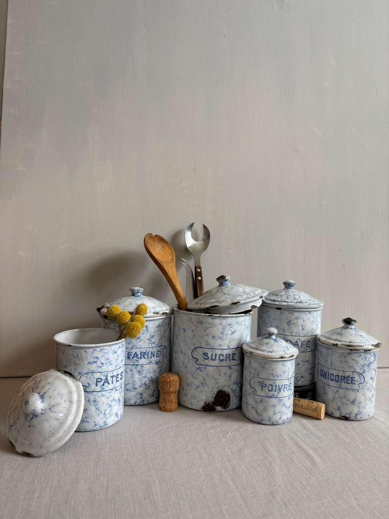 Antique French Blue Marbled Enamel Canister Set - Collector & Curator