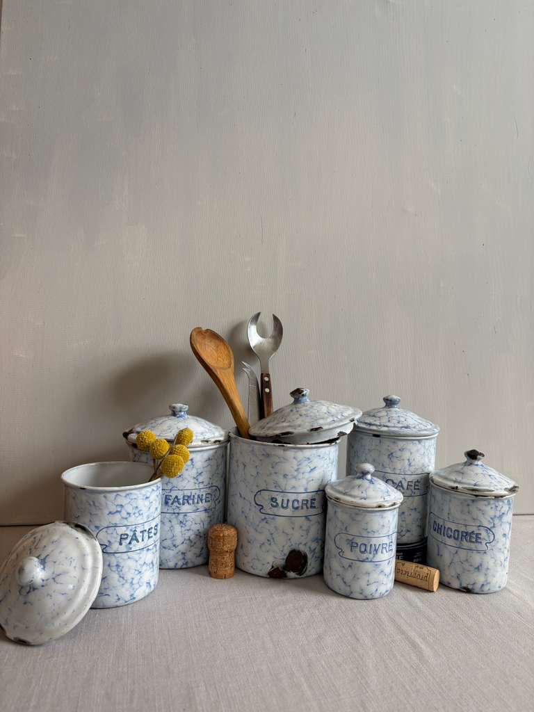 Antique French Blue Marbled Enamel Canister Set - Collector & Curator
