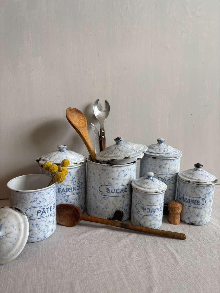 Antique French Blue Marbled Enamel Canister Set - Collector & Curator