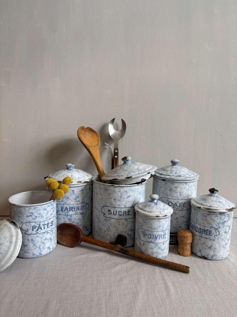 Antique French Blue Marbled Enamel Canister Set - Collector & Curator