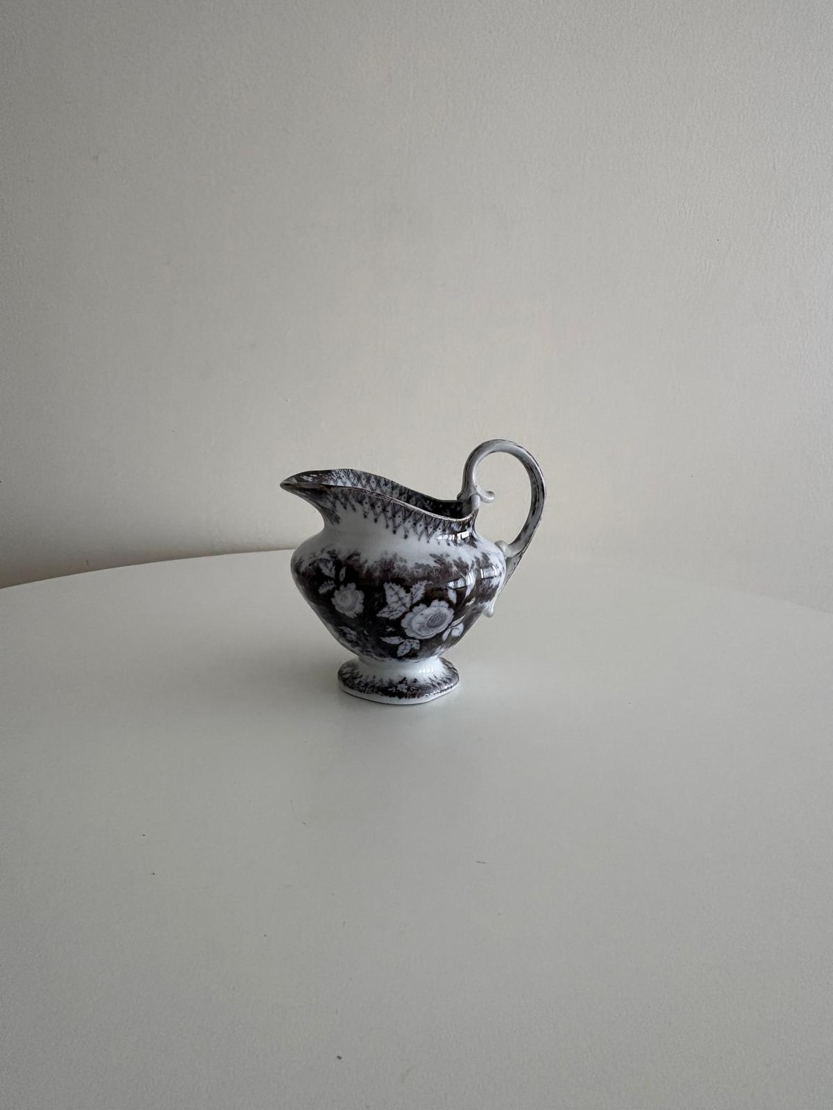 Antique French Black Transferware Mini Creamer, Sarreguemines Jardinière Pattern - Collector & Curator