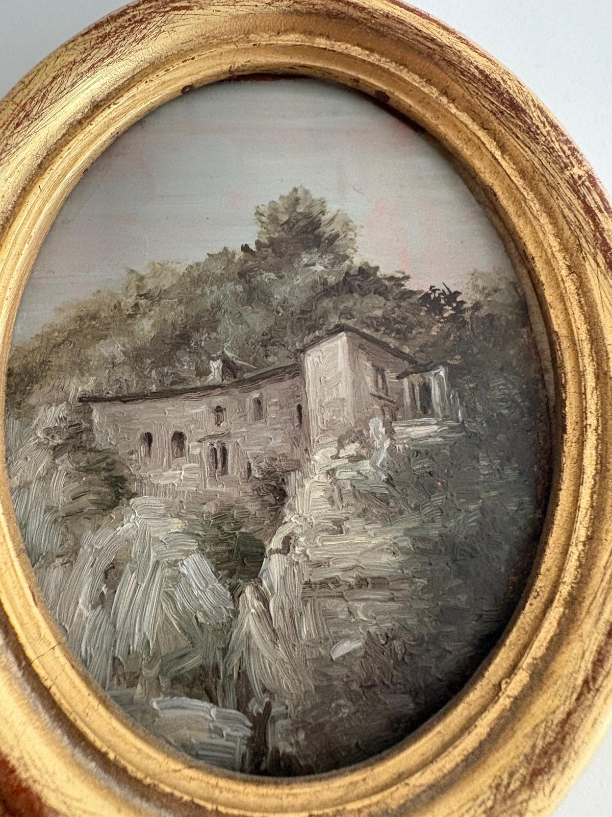 Vintage Miniature Italian Cliffside House Oil Painting in Oval Gilt Frame - Collector & Curator