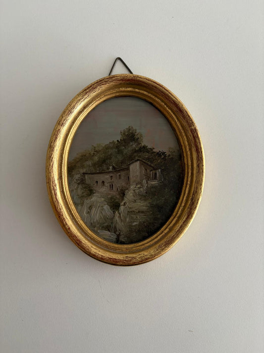 Vintage Miniature Italian Cliffside House Oil Painting in Oval Gilt Frame - Collector & Curator