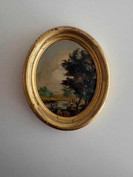 Vintage Guidotti Florence Italy Oil on Board, Oval Gilt Framed Miniature Landscape Painting - Collector & Curator