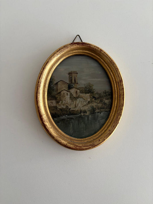 Vintage Italian Oval Miniature Oil Painting, Waterside Village with Bell Tower - Collector & Curator