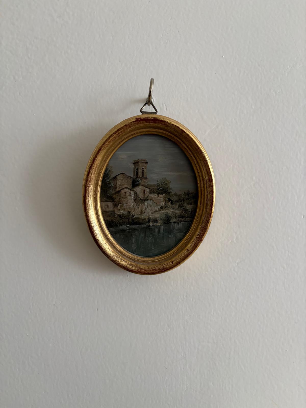 Vintage Italian Oval Miniature Oil Painting, Waterside Village with Bell Tower - Collector & Curator