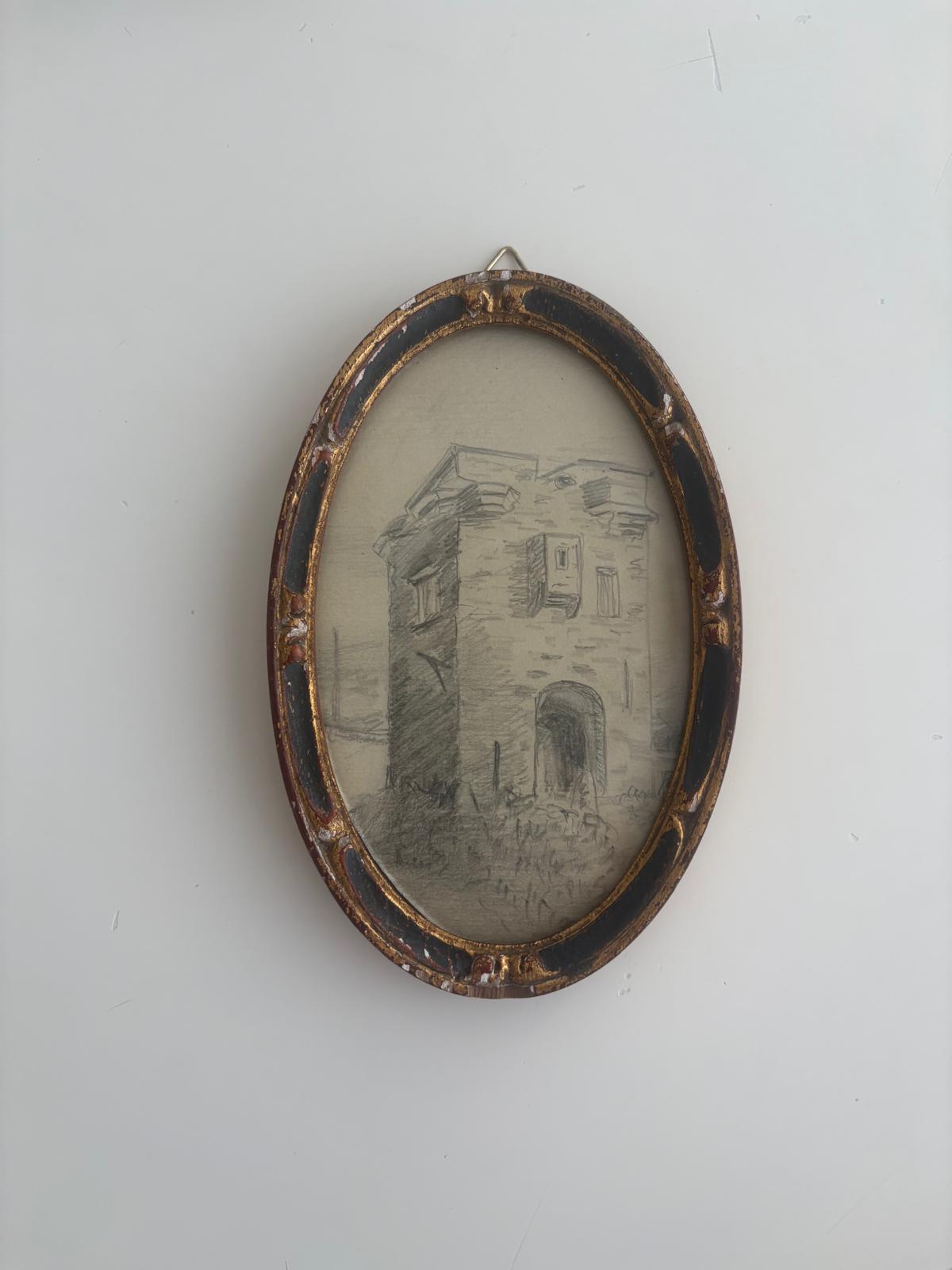 Vintage Oval Framed Pencil Drawing, Stone Tower Sketch