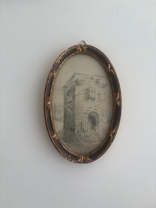 Vintage Oval Framed Pencil Drawing, Stone Tower Sketch - Collector & Curator