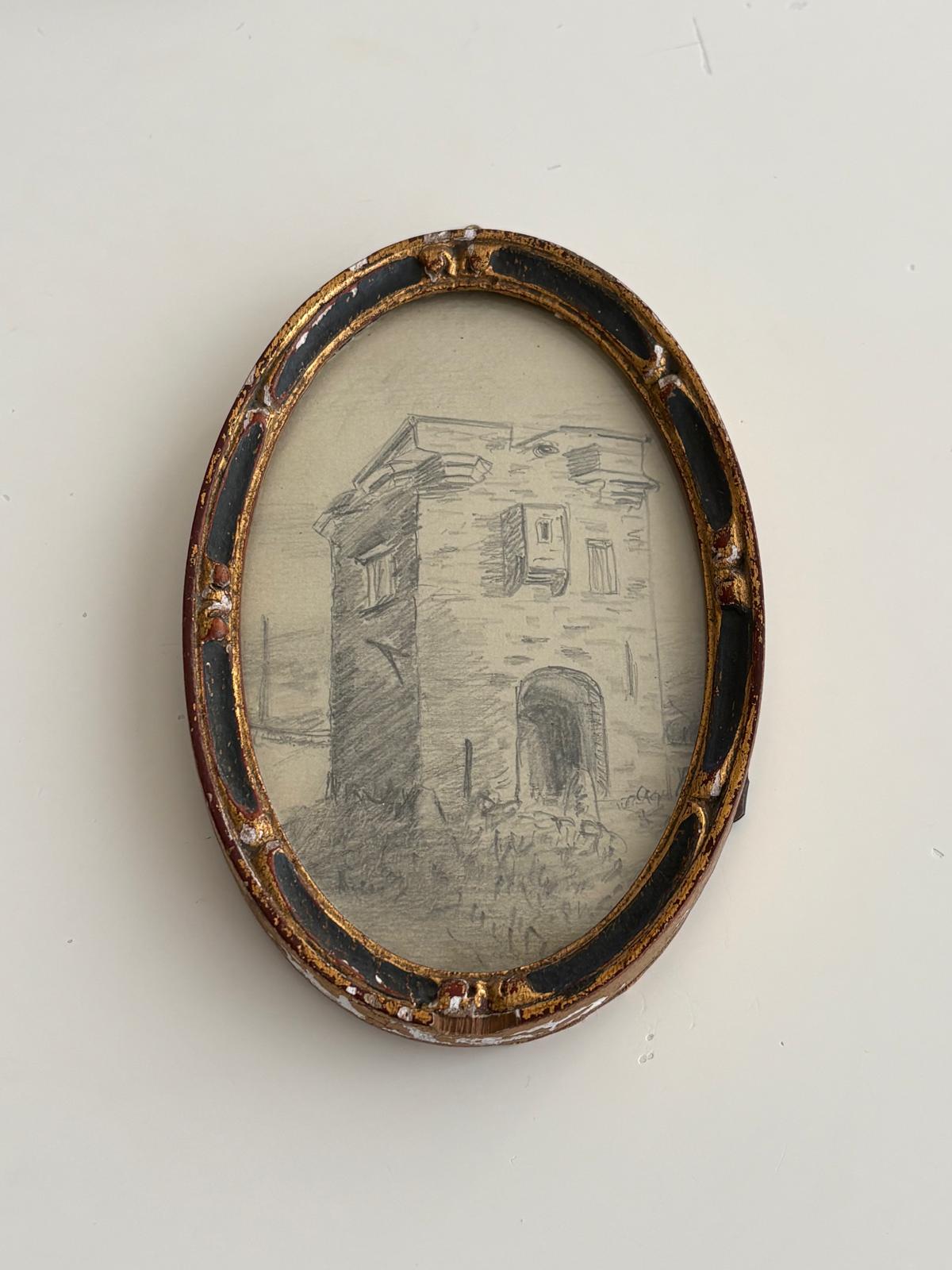 Vintage Oval Framed Pencil Drawing, Stone Tower Sketch