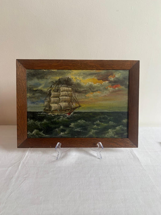 Vintage Sailboat Painting, 1955 Signed A. Souvignet, Stormy Sea Nautical Art, Framed Ship Seascape - Collector & Curator