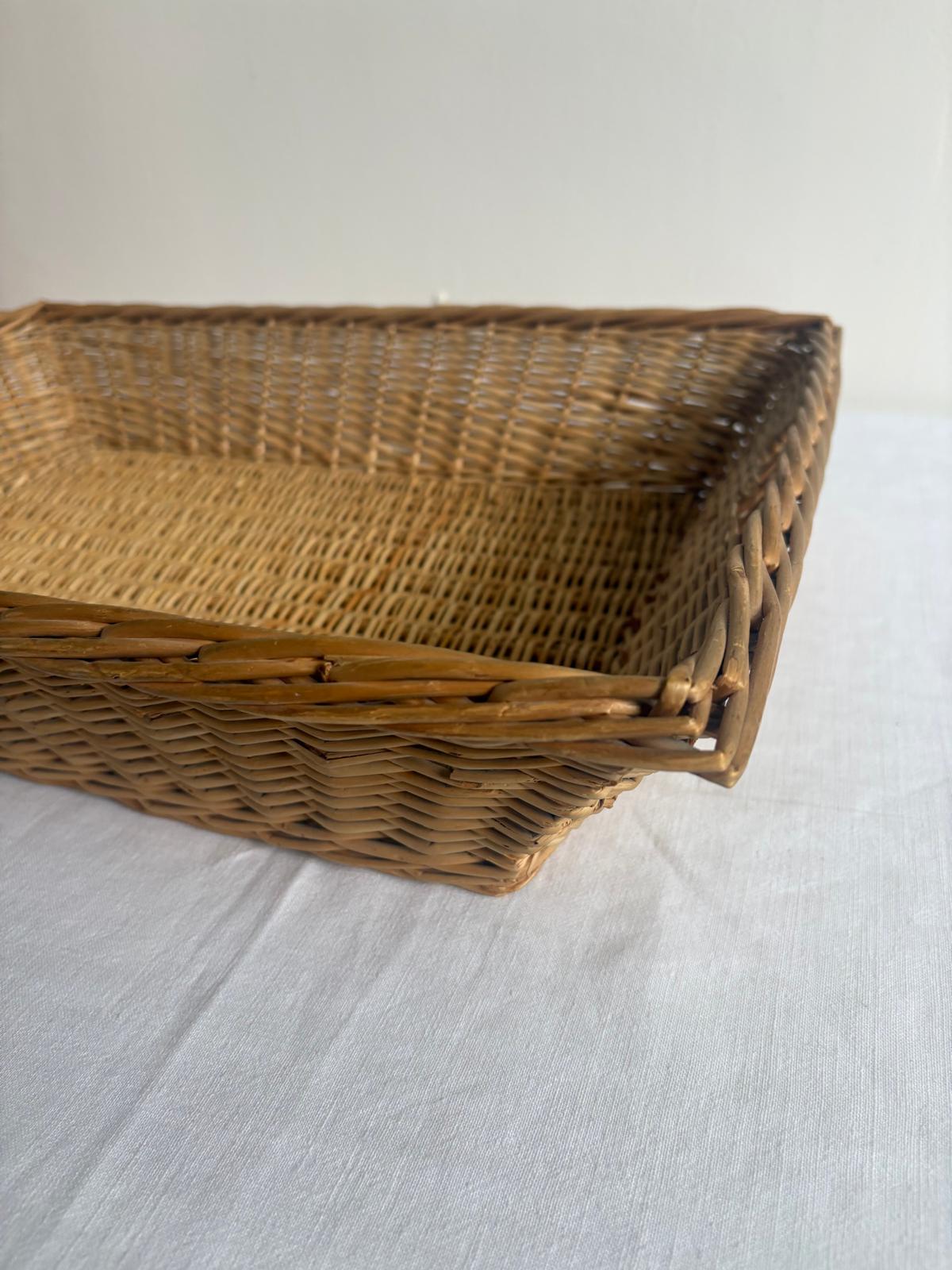 Vintage Wicker Tray Basket, Large Rectangular Handwoven Willow Basket