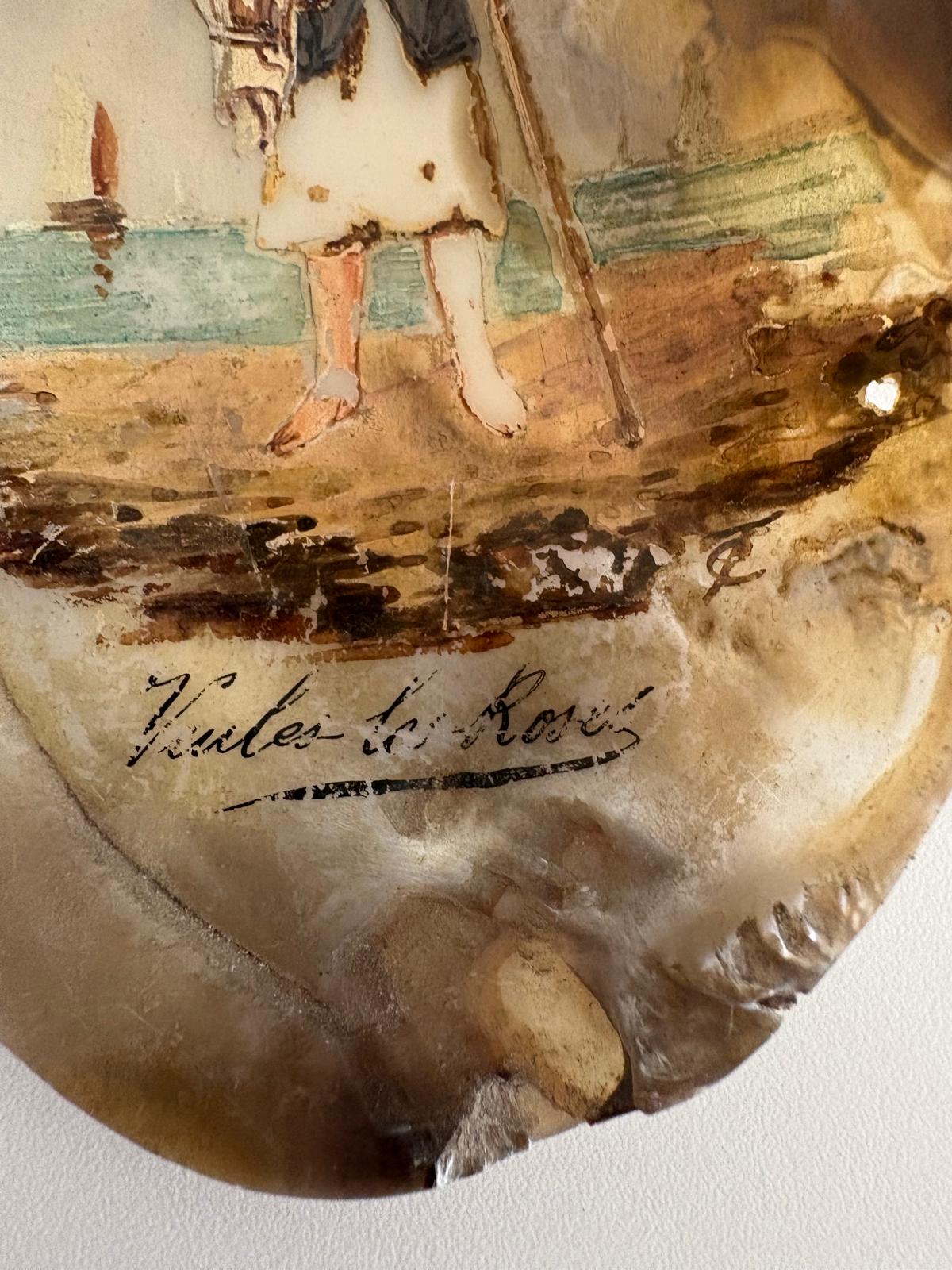 Antique French Hand Painted Mother-of-Pearl Shells /Veules-les-Roses Normandy Fisherman Pair