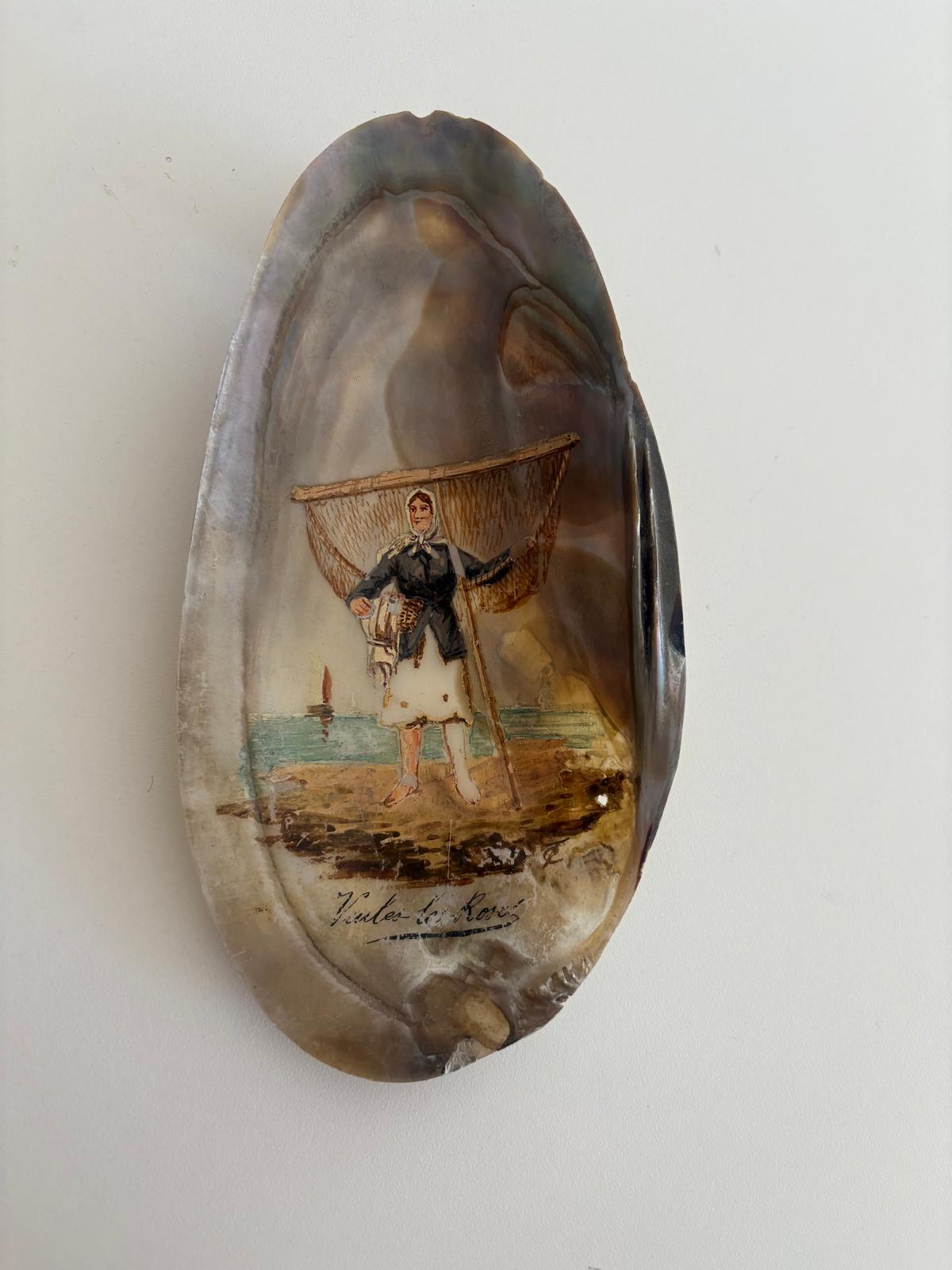 Antique French Hand Painted Mother-of-Pearl Shells /Veules-les-Roses Normandy Fisherman Pair
