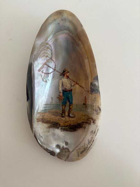Antique French Hand Painted Mother-of-Pearl Shells /Veules-les-Roses Normandy Fisherman Pair - Collector & Curator