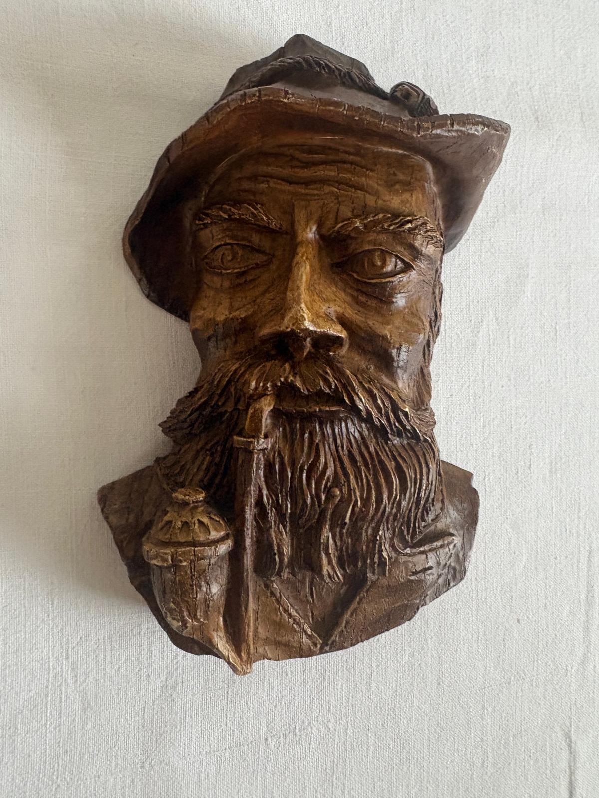 Vintage Carved Wood Bearded Fisherman Wall Plaque