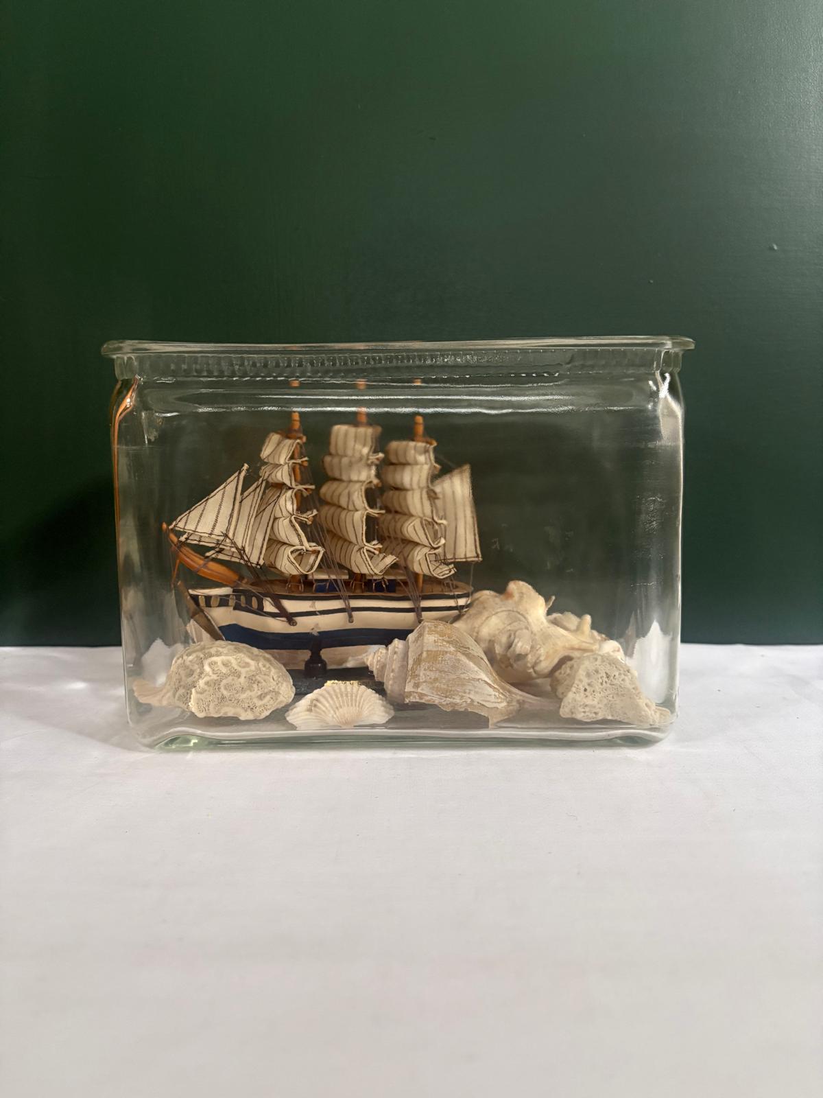 American Glass Battery Jar Display with  Simon Bolivar Model Ship & Shell Collection