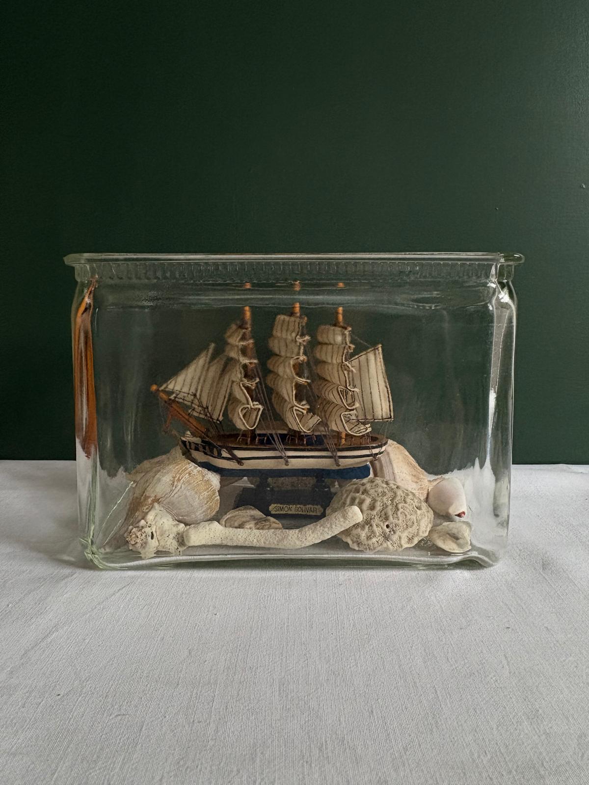 American Glass Battery Jar Display with  Simon Bolivar Model Ship & Shell Collection