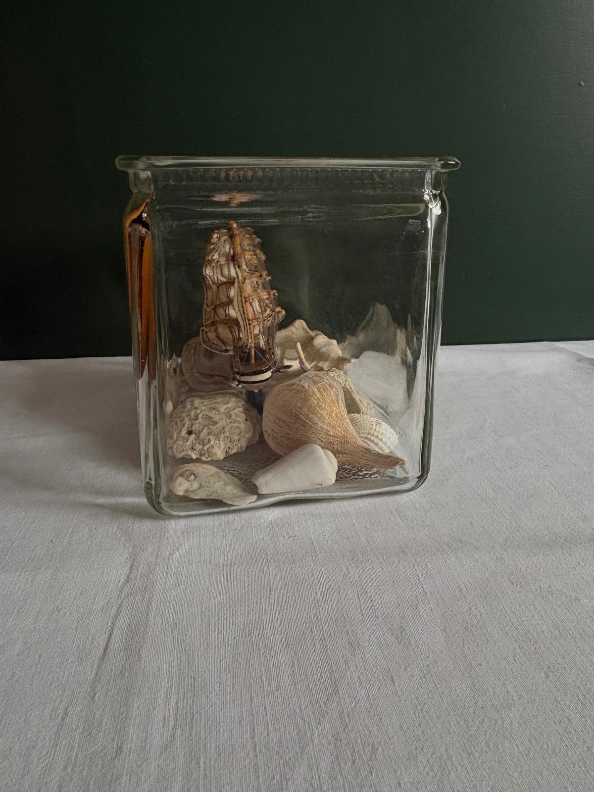 American Glass Battery Jar Display with  Simon Bolivar Model Ship & Shell Collection