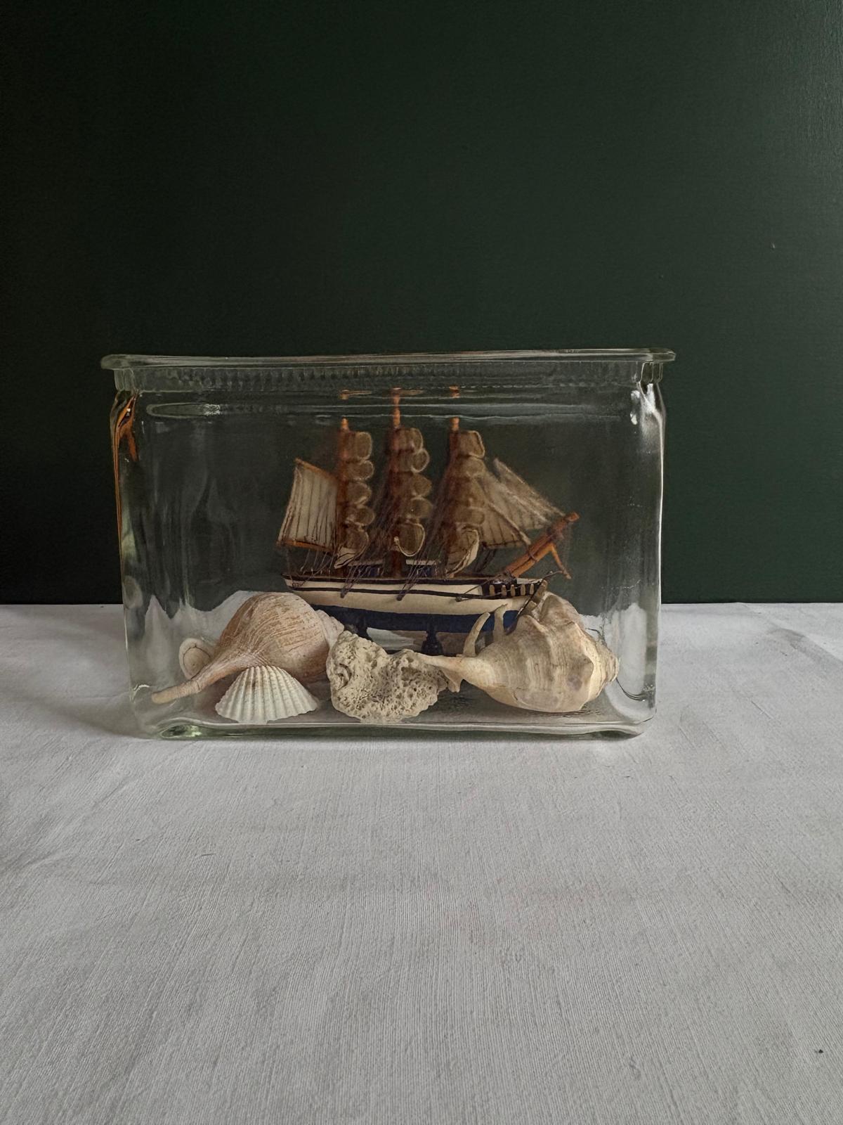 American Glass Battery Jar Display with  Simon Bolivar Model Ship & Shell Collection