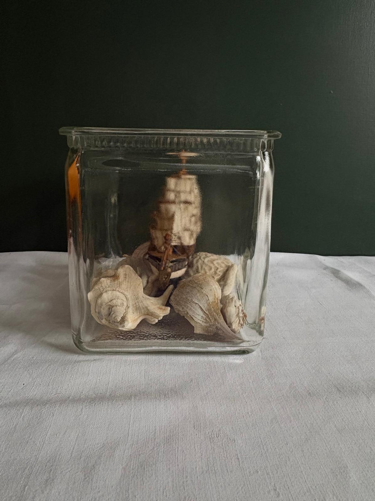 American Glass Battery Jar Display with  Simon Bolivar Model Ship & Shell Collection