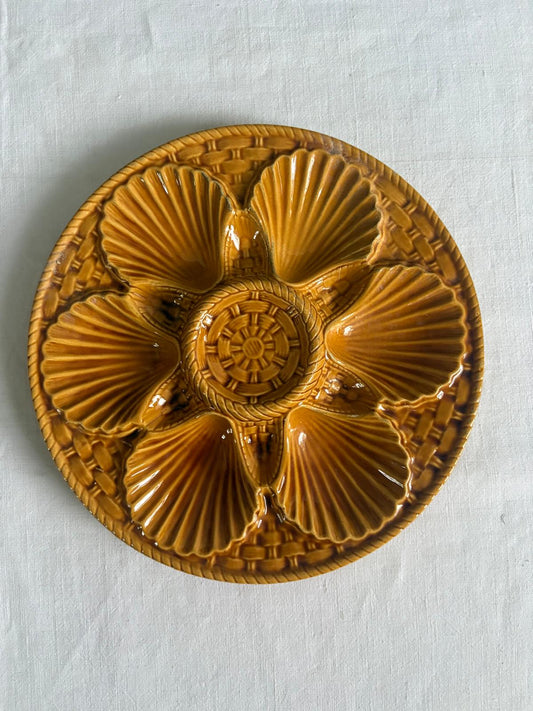 Vintage French Amber Majolica Oyster Plate, Shell & Basketweave Seafood Plate - Collector & Curator