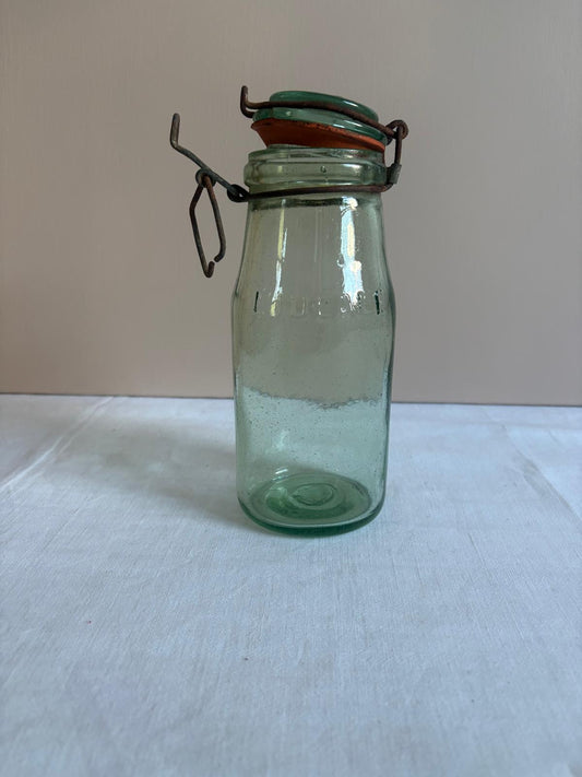 Vintage French L’Idéale Green Glass Canning Jar with Wire Bail Lid - Collector & Curator
