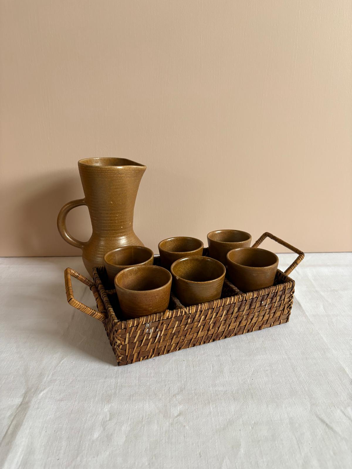 Vintage Digoin Stoneware Pitcher and 6 Cups with Woven Basket Tray