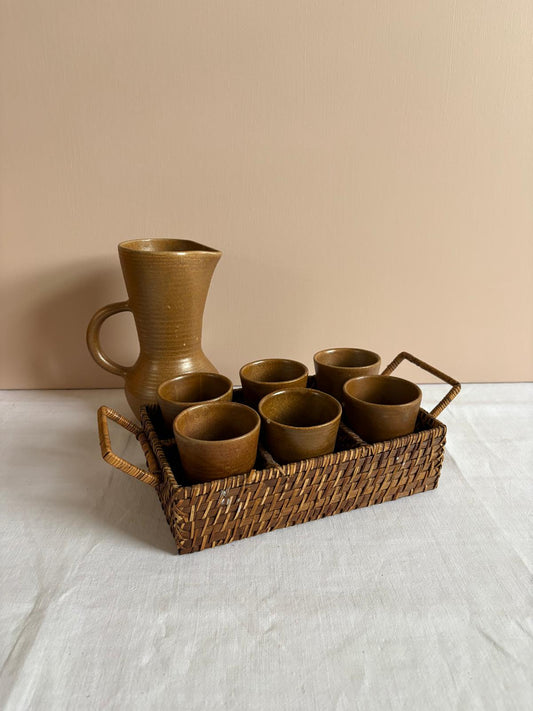 Vintage Digoin Stoneware Pitcher and 6 Cups with Woven Basket Tray - Collector & Curator