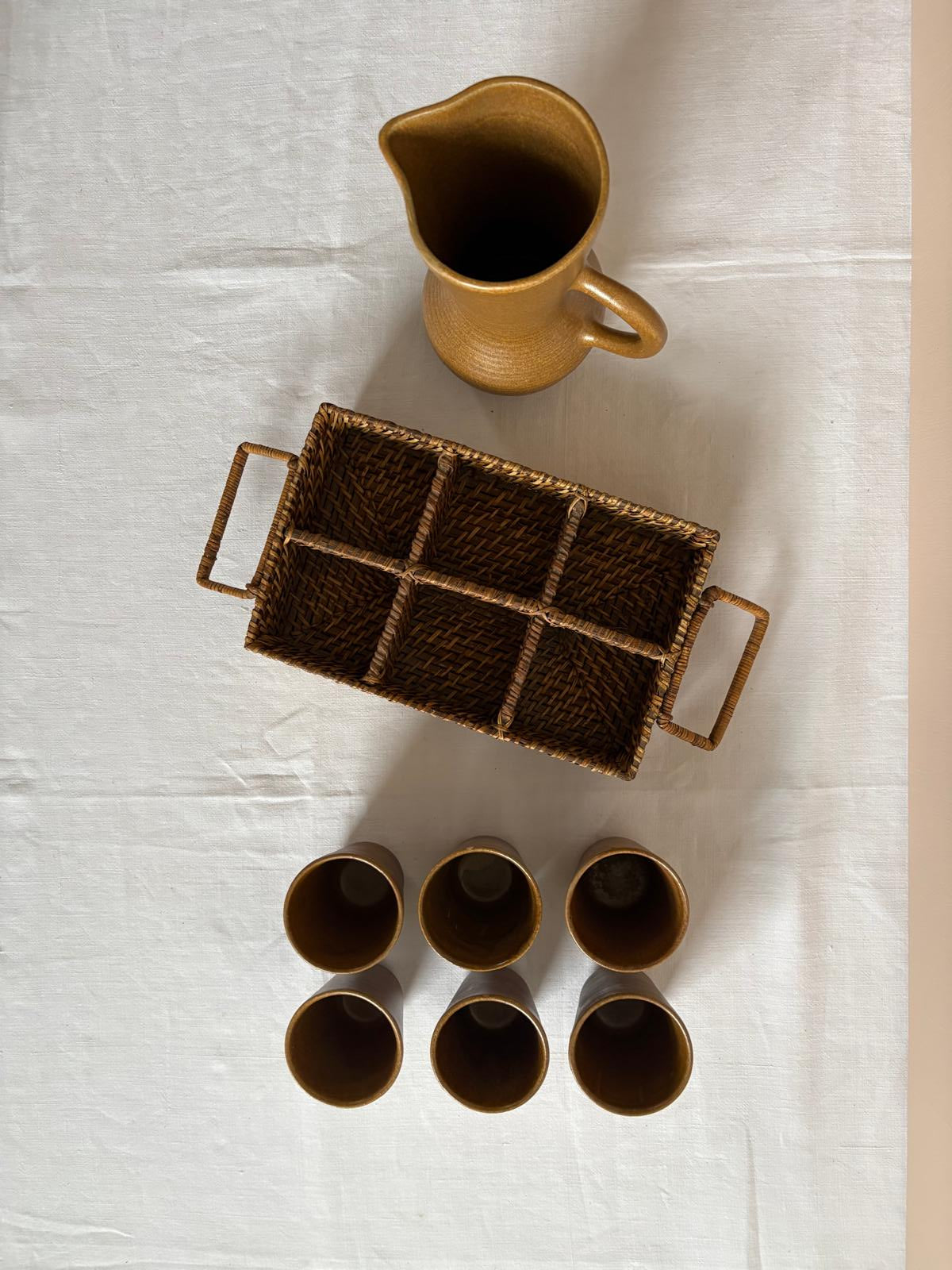 Vintage Digoin Stoneware Pitcher and 6 Cups with Woven Basket Tray