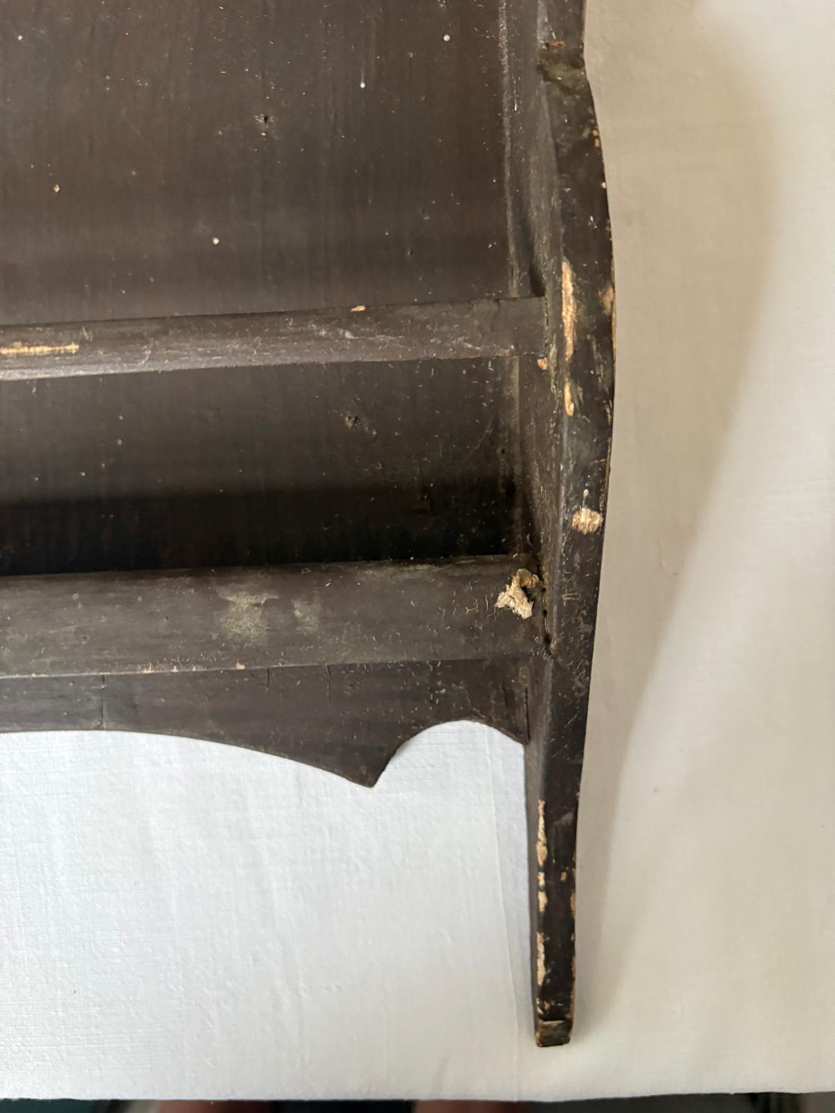 Vintage French Narrow Wall Shelf,  Dark Painted Wood Display Rack