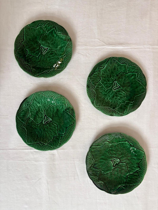 Set of 4 Vintage Gien France Green Majolica Leaf Plates - Collector & Curator