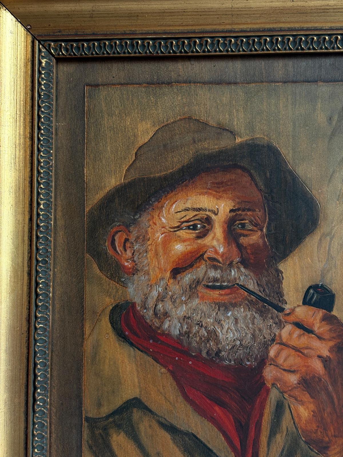 Vintage French Breton Fisherman Portrait Painting on Wood