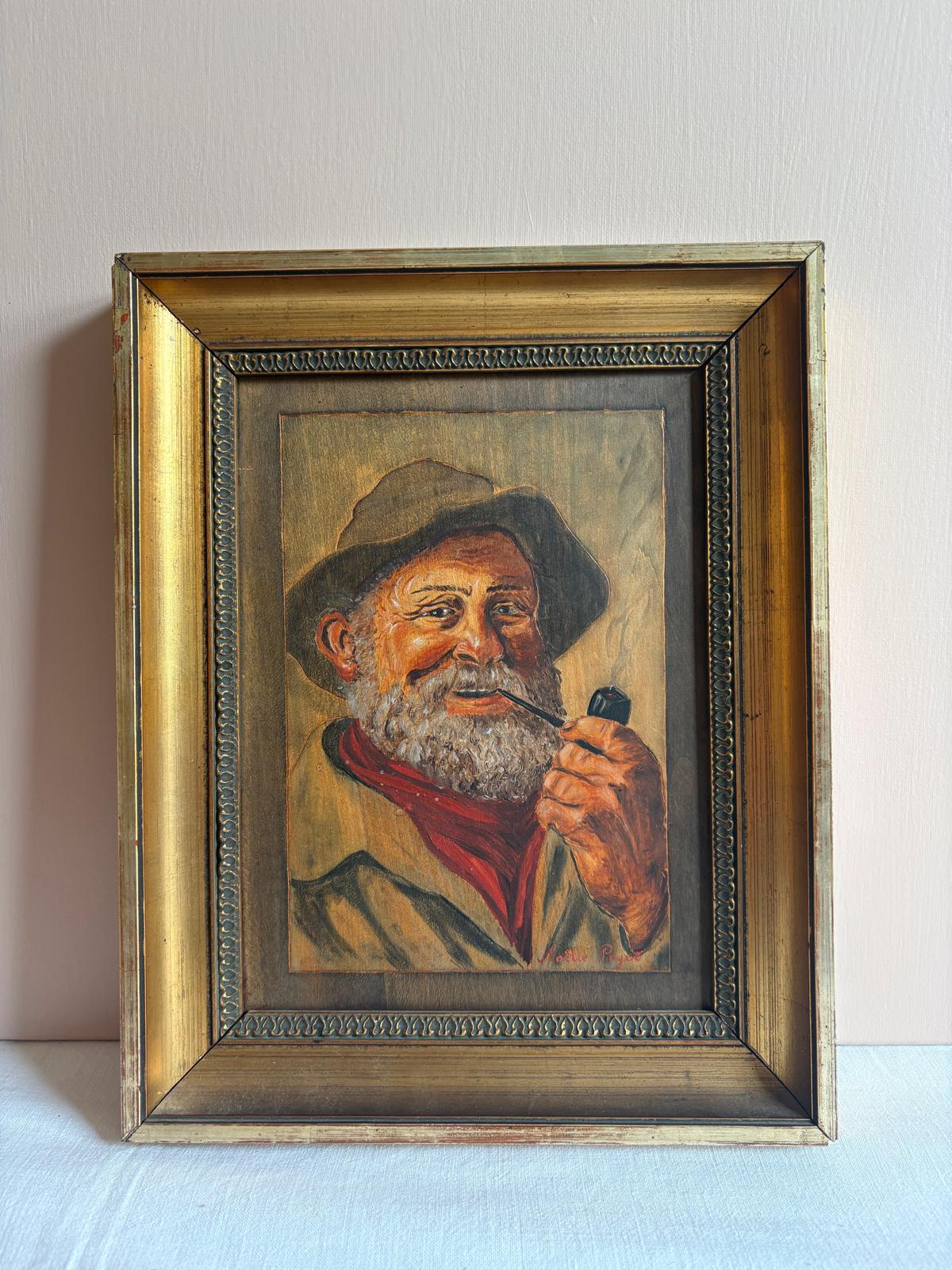 Vintage French Breton Fisherman Portrait Painting on Wood
