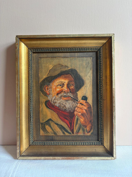 Vintage French Breton Fisherman Portrait Painting on Wood - Collector & Curator