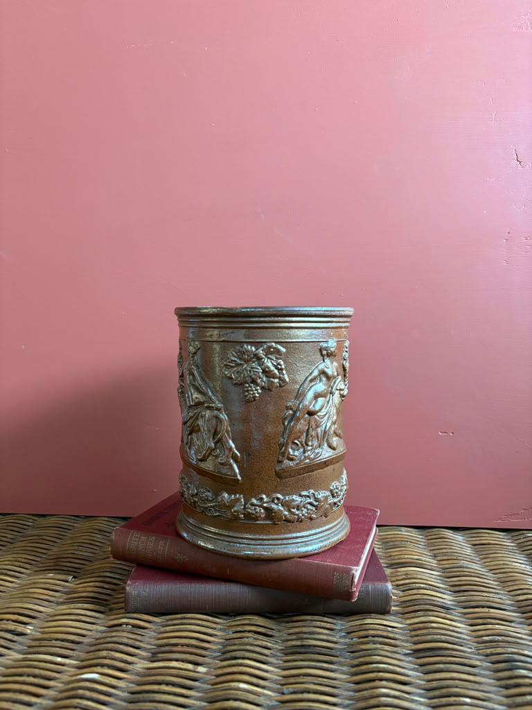 Antique 19th Century French Beauvaisis Salt Glazed Stoneware Tobacco Jar with Female Figural Relief