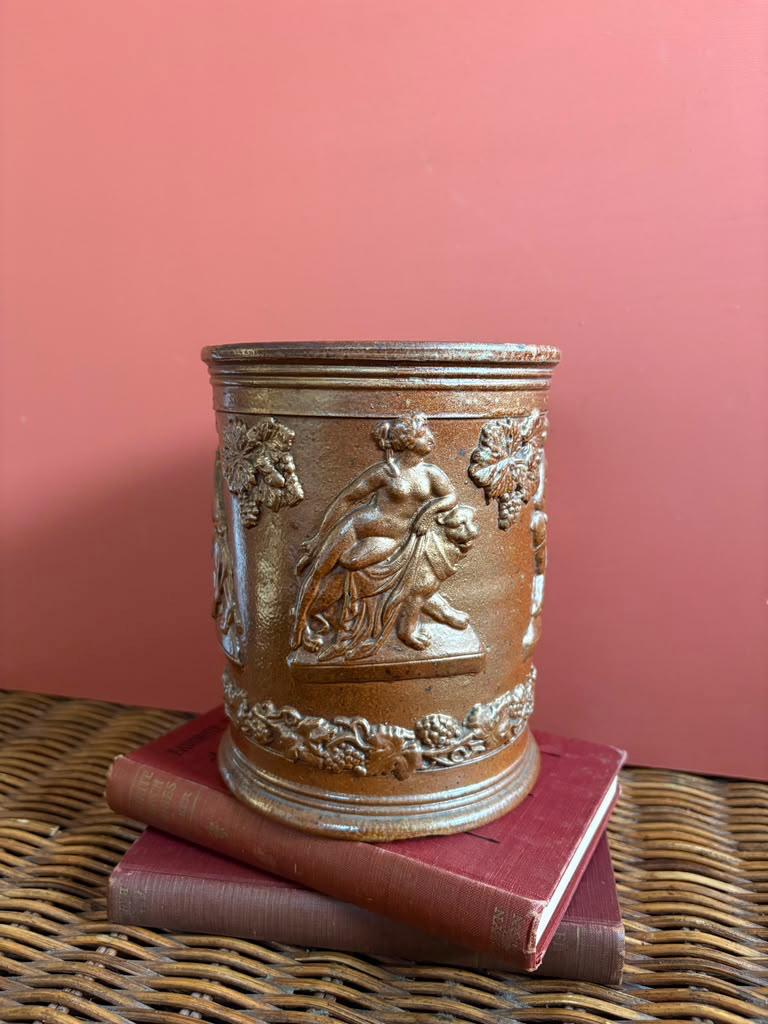 Antique 19th Century French Beauvaisis Salt Glazed Stoneware Tobacco Jar with Female Figural Relief