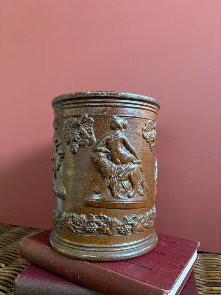 Antique 19th Century French Beauvaisis Salt Glazed Stoneware Tobacco Jar with Female Figural Relief