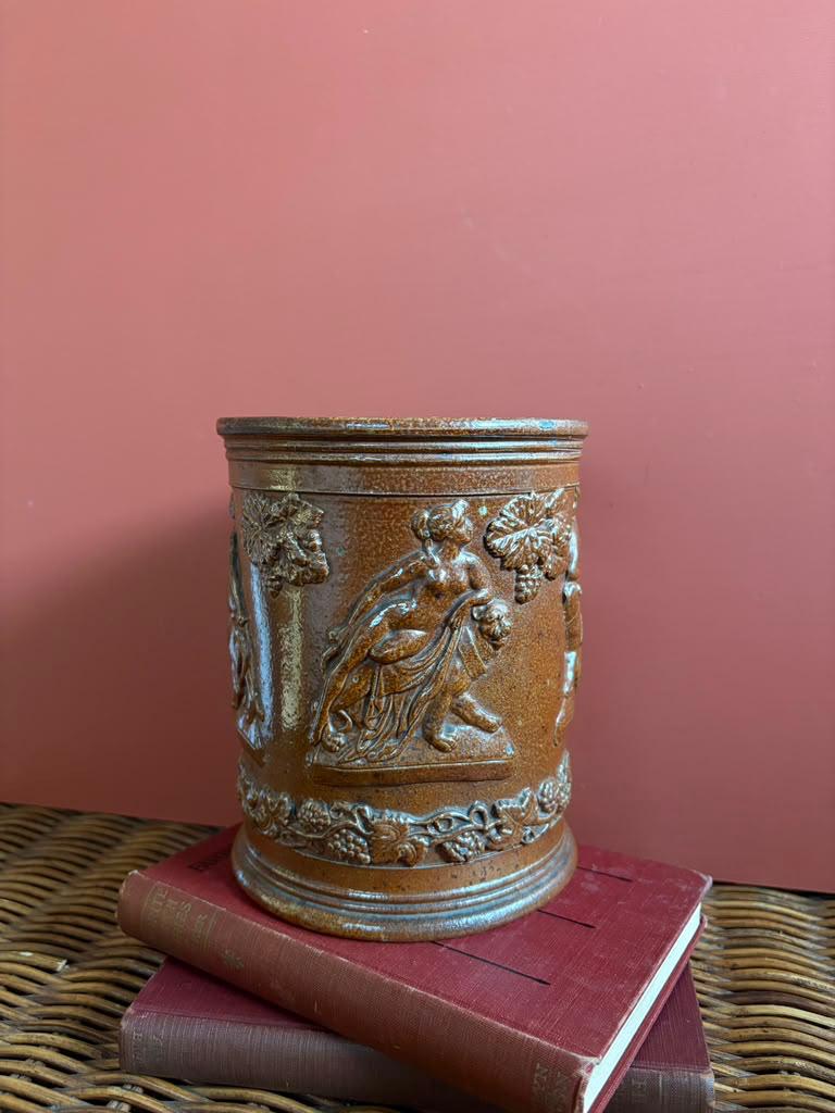Antique 19th Century French Beauvaisis Salt Glazed Stoneware Tobacco Jar with Female Figural Relief