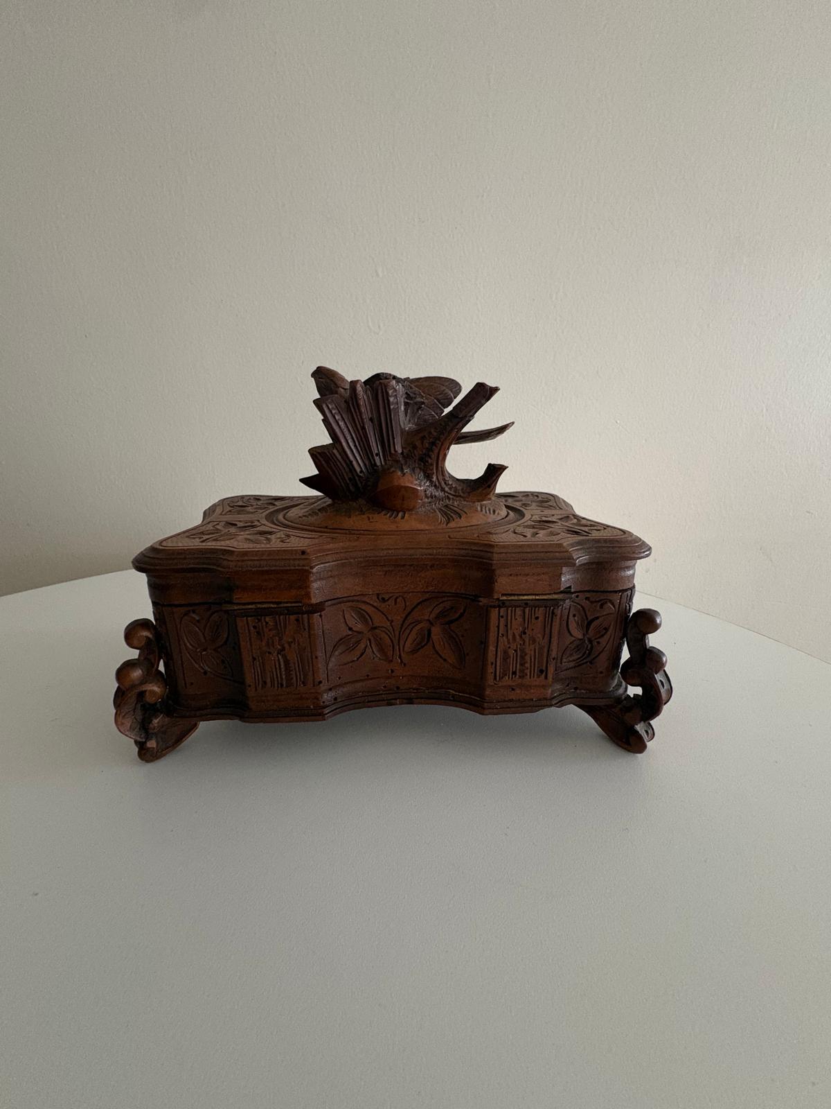Antique Swiss Black Forest Carved  Wood Jewelry Box with Bird Finial, circa 1890 - Collector & Curator
