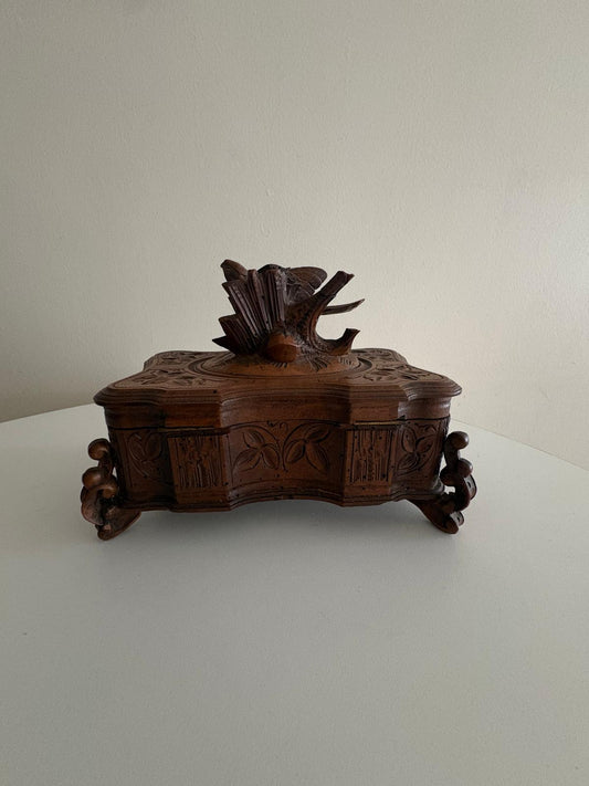 Antique Swiss Black Forest Carved  Wood Jewelry Box with Bird Finial, circa 1890 - Collector & Curator