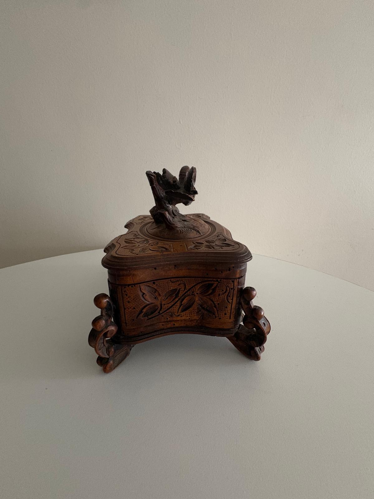 Antique Swiss Black Forest Carved  Wood Jewelry Box with Bird Finial, circa 1890 - Collector & Curator