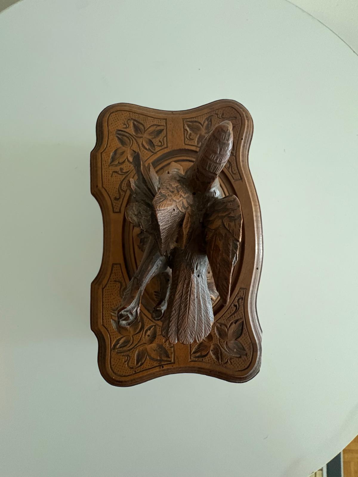 Antique Swiss Black Forest Carved  Wood Jewelry Box with Bird Finial, circa 1890 - Collector & Curator